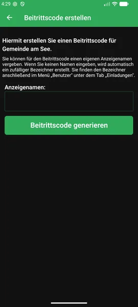 Ein Screenshot von der Knoop App von einem Screen auf welchem ein Einladungscode erstellt werden kann.