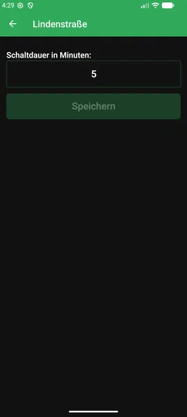 Ein Screenshot von der Knoop App in der die Schaltdauer eingestellt werden kann.