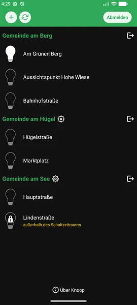 Ein Screenshot von der Knoop App in der eine Liste der Schaltgeräte einer Gemeinde dargestellt wird.