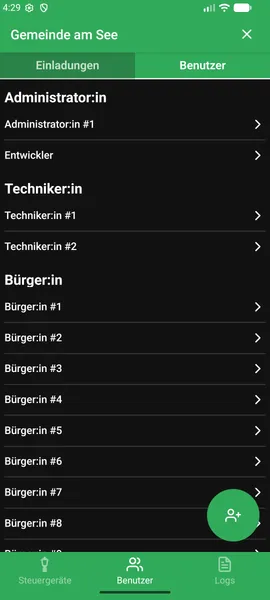 Ein Screenshot von der Knoop App mit der Übersicht aller Benutzer, Administratoren und Techniker einer Gemeide.
